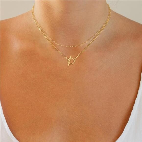Gold Layered Necklace Set for Women – Figaro & Toggle Chains - Picture 1 of 4